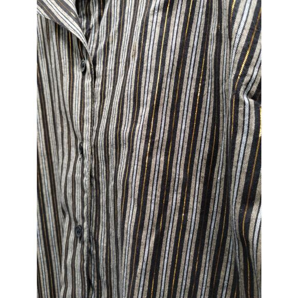 Street Fever Women's Size Large Brown Gold Metallic Striped Roll Tab Sleeve Top - Picture 2 of 6